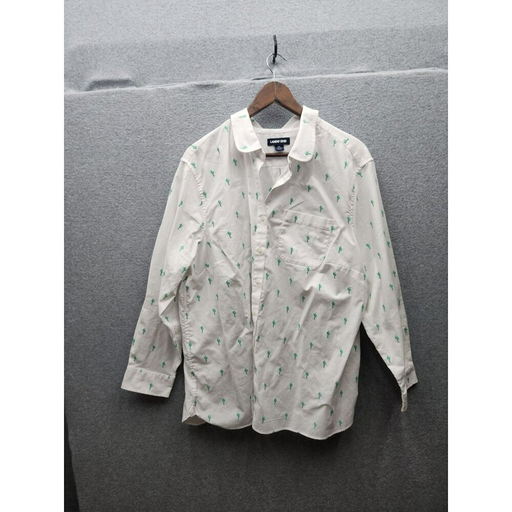 Lands' End White Button-Up Shirt with Green Cactus Embroidery